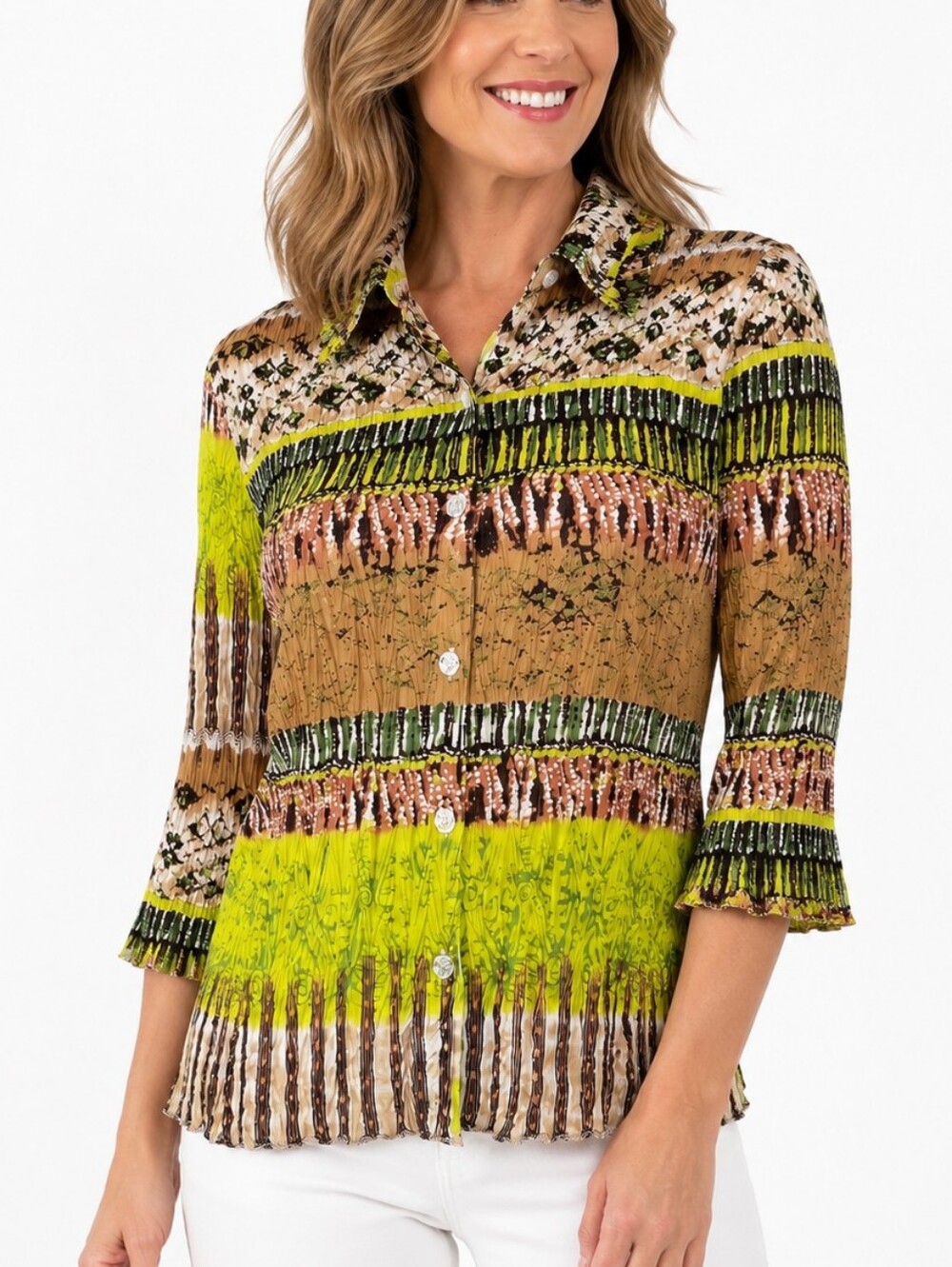 Essentials By Milano Crinkle Pleated Abstract Print Button Front Blouse S
